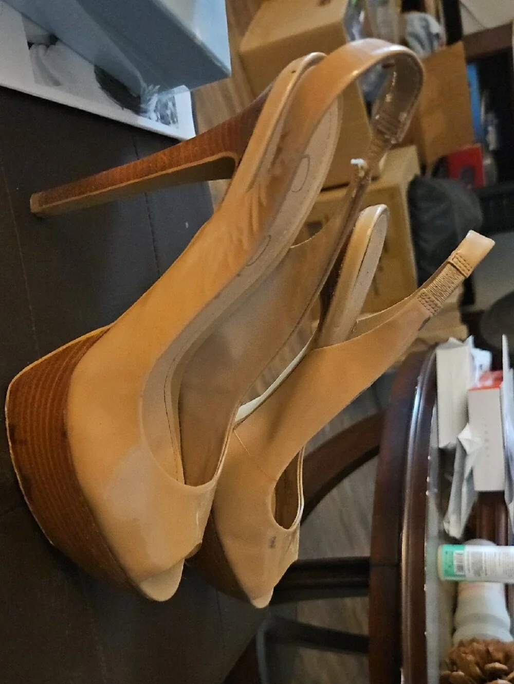 Jessica Simpson Nude Patent Peep-Toe Slingback Heels